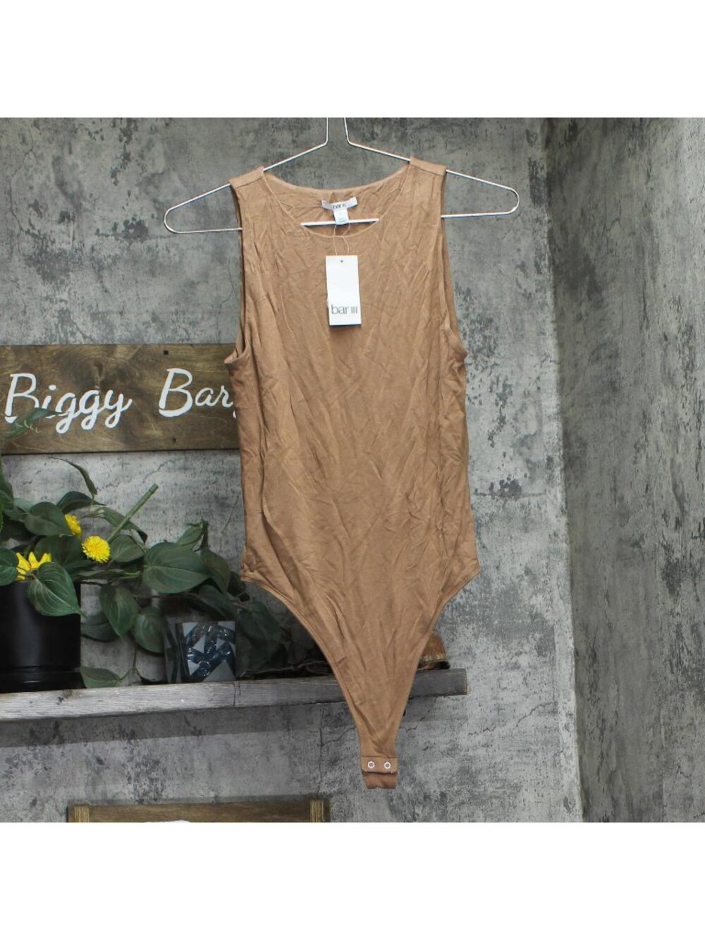 NWT Bar III Womens Crewneck Crepe Bodysuit 100135082 Library Oak Brown L